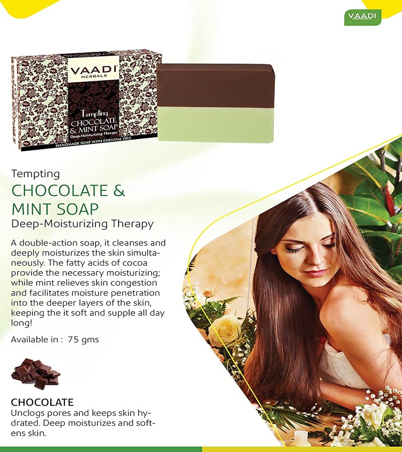 Vaadi Herbals + soaps + liquid handwash + Tempting Chocolate & Mint Soap - Deep Moisturizing Therapy + Pack of 12 + online