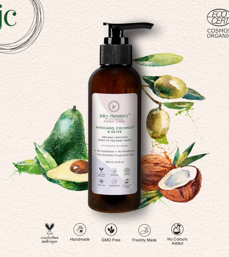 Juicy Chemistry + baby bath & shampoo + Organic Avocado, Coconut & Olive Head To Toe Baby Shampoo + 200 ml + online
