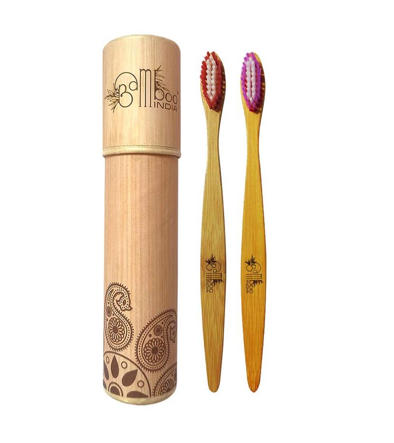 Bamboo India + tools + Bamboo Toothbrush with Red & Violet Medium Bristles + Pack of 2 + buy