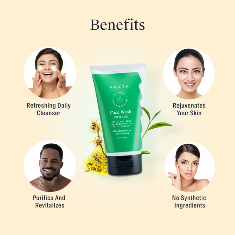 Arata + face wash + scrubs + Natural Purifying Face Wash With Matcha Green Tea, Aloe Vera & Witch Hazel For Men & Women + 150 ml + discount