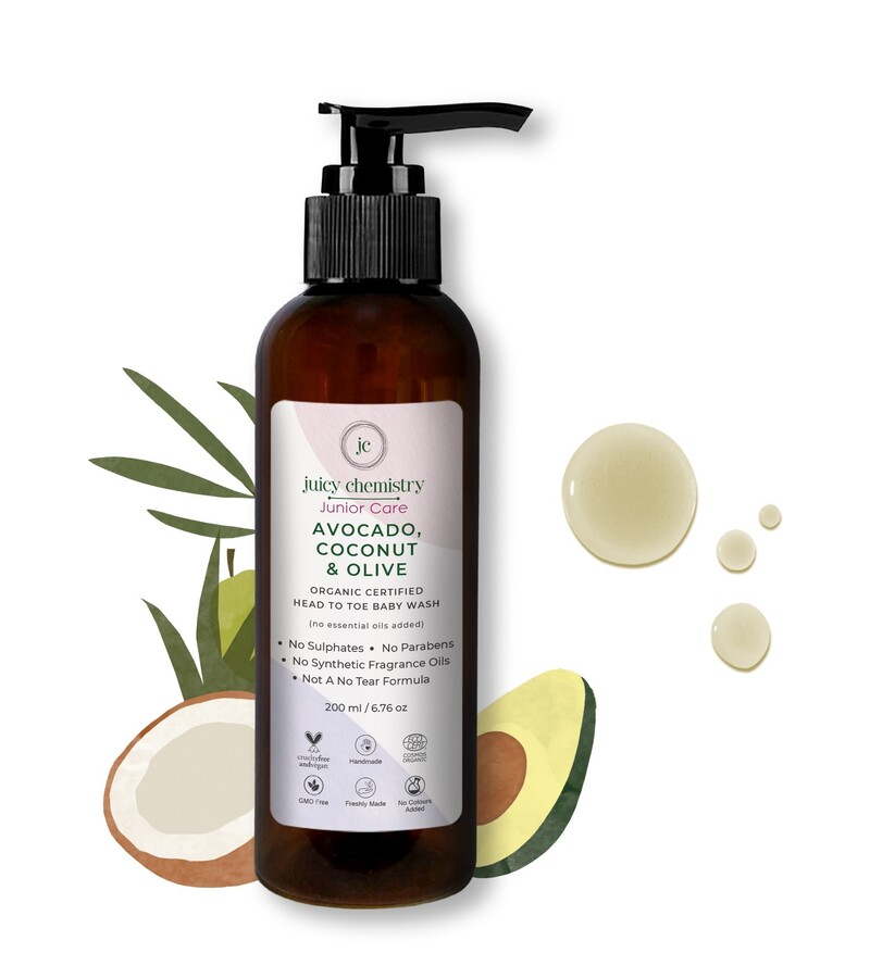 Juicy Chemistry + baby bath & shampoo + Organic Avocado, Coconut & Olive Head To Toe Baby Shampoo + 200 ml + shop