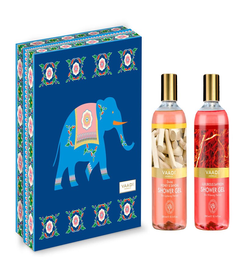 Vaadi Herbals + Gift Sets + Royal India Shower Gels Gift Box - Luxurious Saffron  & Divine Honey & Sandal + Pack of 2 + buy
