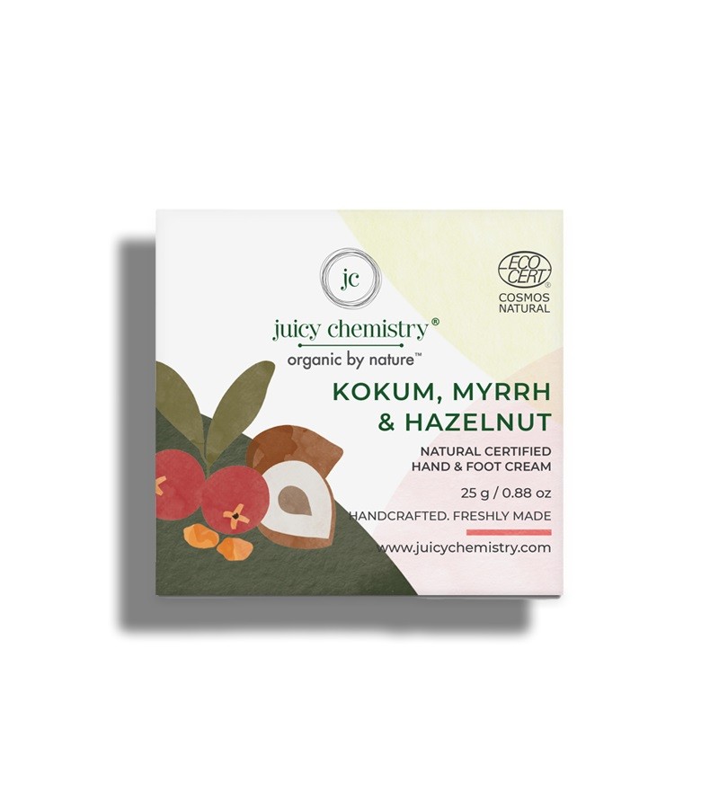 Juicy Chemistry + body butters + creams + Organic Kokum, Myrrh & Hazelnut Hand & Foot Cream + 25 gm + online