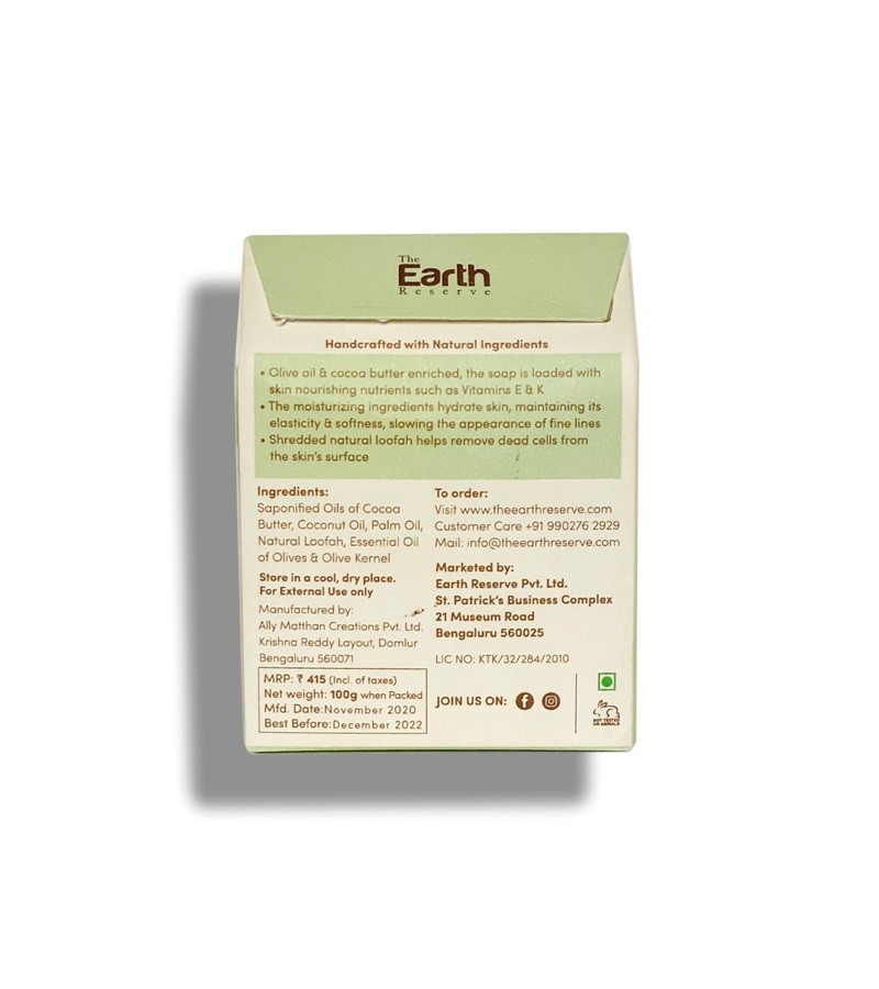 The Earth Reserve + soaps + liquid handwash + Olive & Shredded Loofah Exfoliating Soap + 100gm + shop