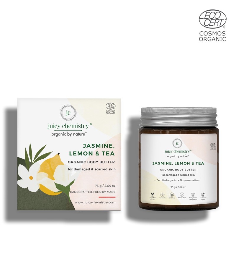 Juicy Chemistry + body butters + creams + Organic Jasmine Lemon & Tea Body Butter -For Damaged & Scarred Skin + 75gm + shop
