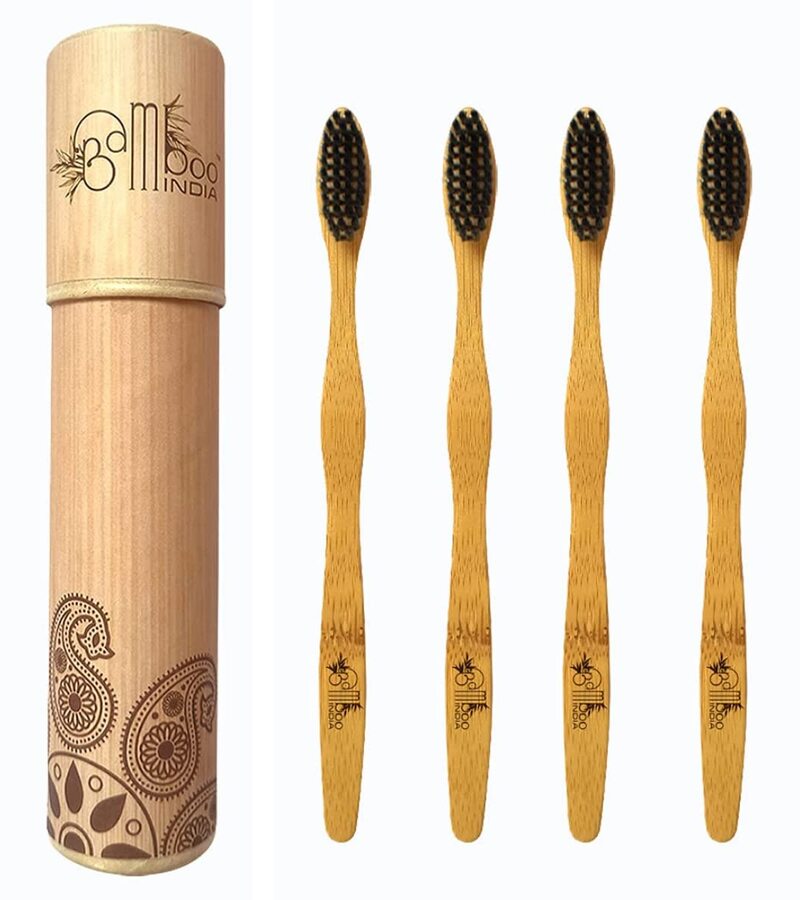 Bamboo India + tools + Bamboo Toothbrush With Soft Activated Charcoal Bristles + Pack of 4 + buy