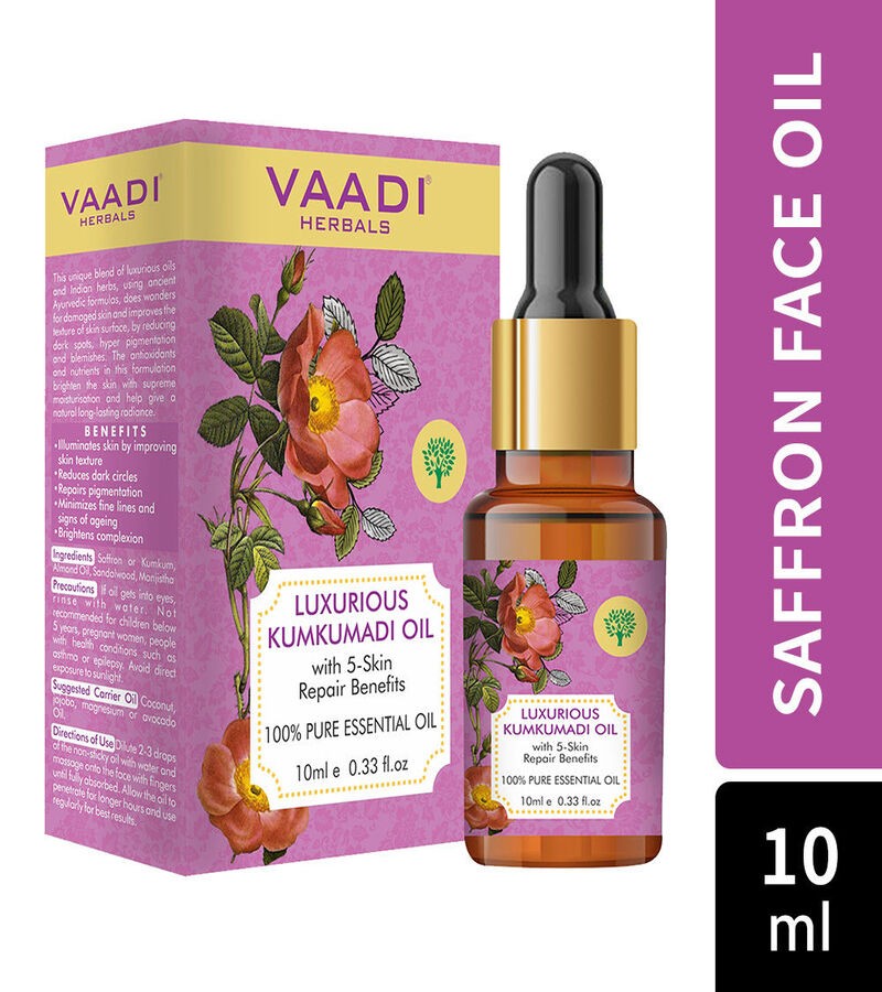 Vaadi Herbals + face oils + Luxurious Kumkumadi Oil (Pure Mix of Saffron, Sandalwood, Manjistha & Almond Oil) - Reduces Dark Circles, Pigmentation & Brightens Complexion + 10 ml + buy