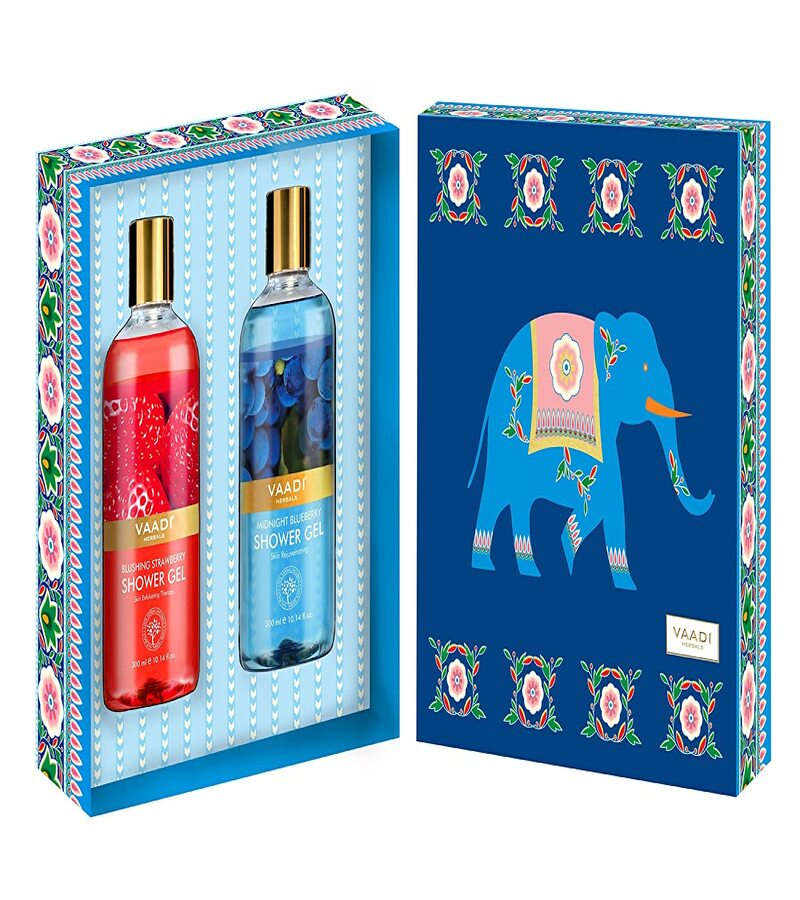 Vaadi Herbals + Gift Sets + Very Berry Shower Gels Gift Box -Blushing Strawberry  & Midnight Blueberry + Pack of 2 + buy