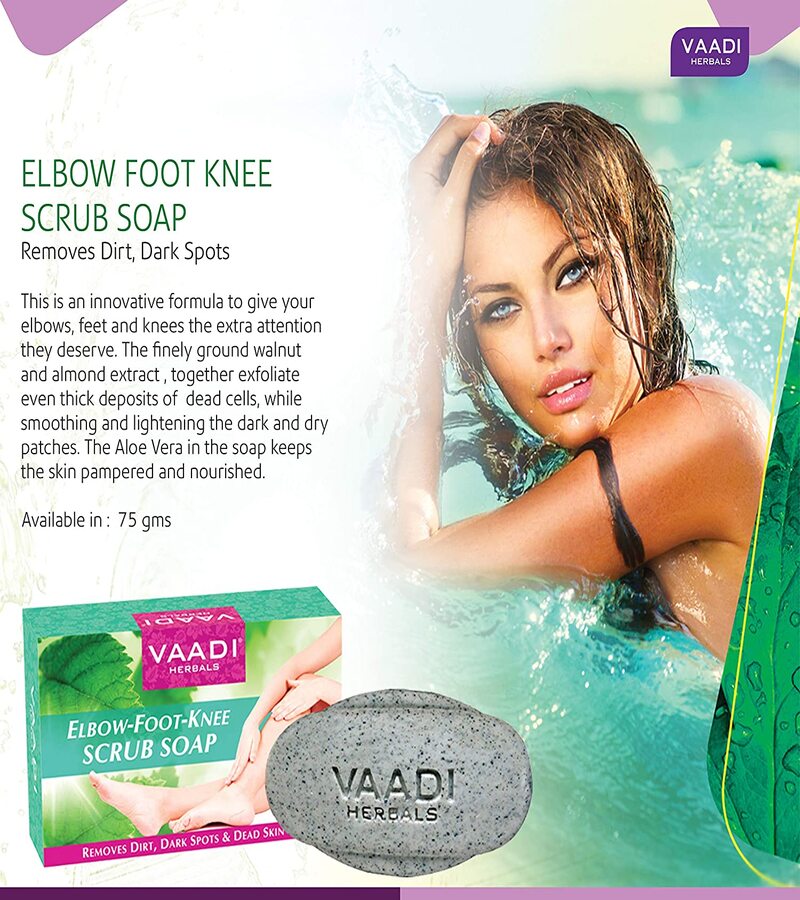 Vaadi Herbals + soaps + liquid handwash + Elbow-Foot-Knee Scrub Soap with Almond & Walnut Scrub + Pack of 12 + shop