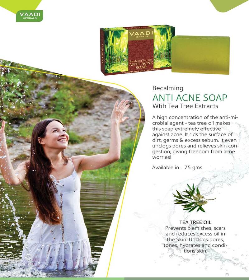 Vaadi Herbals + soaps + liquid handwash + Becalming Tea Tree Soap Anti-Acne therapy + Pack of 12 + shop