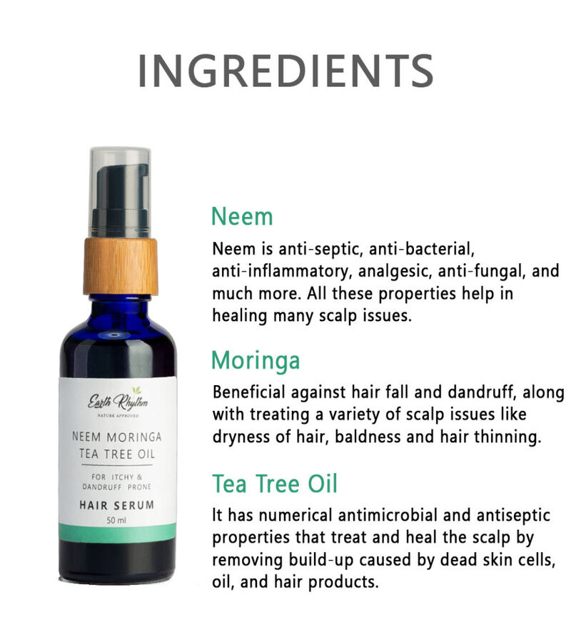 Earth Rhythm + hair oil + serum + Neem, Moringa & Tea Tree Oil Hair Serum + 50 ML + discount