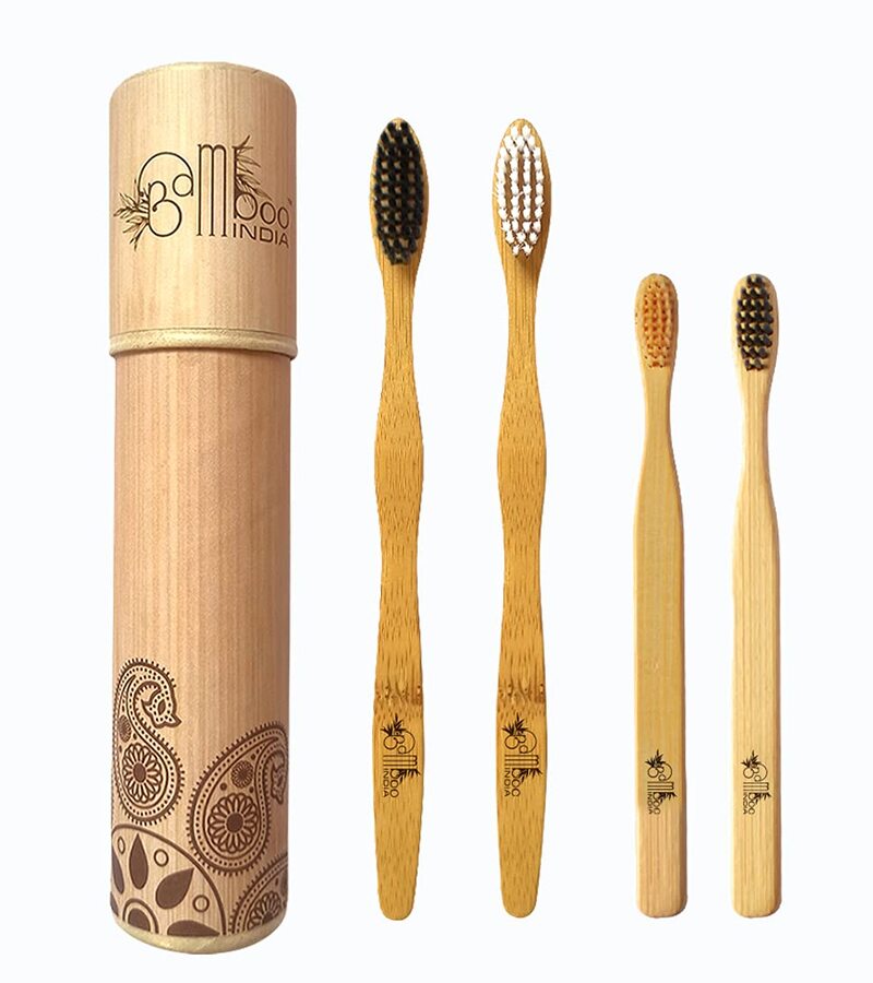Bamboo India + tools + Bamboo Toothbrush Charcoal and White Bristles Toothbrush Kids & Adult + Pack of 4 + buy