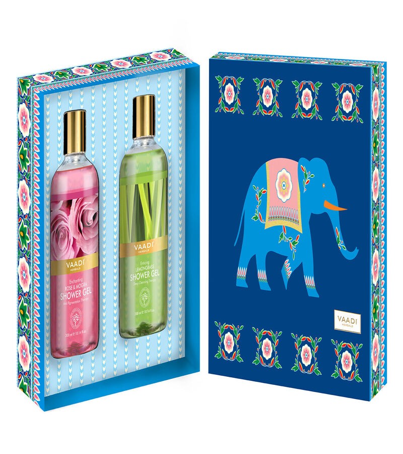 Vaadi Herbals + Gift Sets + Enduring Fragrance Shower Gel Gift Box - Enticing Lemongrass  & Enchanting Rose & Mogra + Pack of 2 + shop