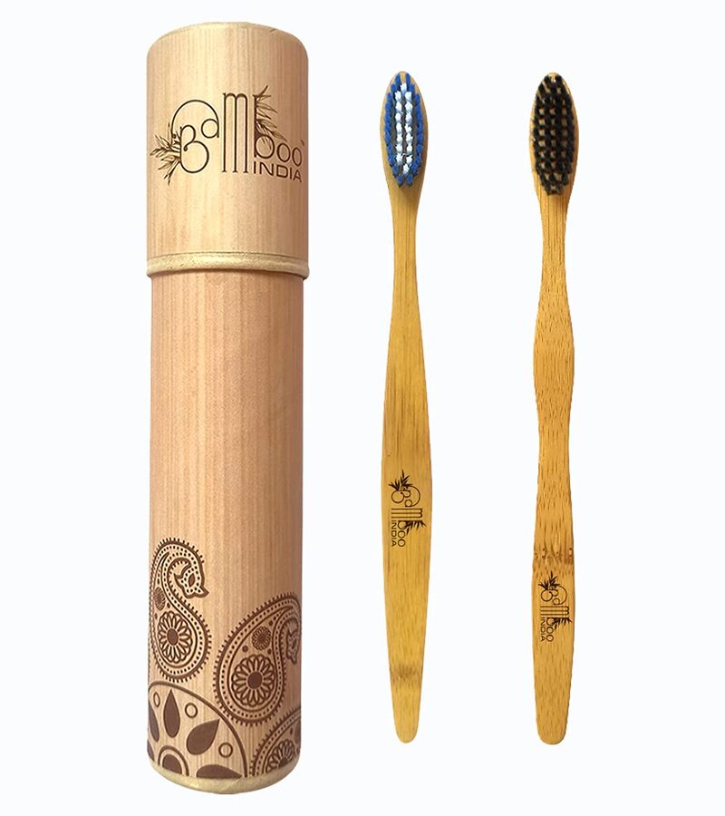 Bamboo India + tools + Bamboo Toothbrush With Soft Charcoal Bristles & Blue Medium Bristles Kids + Pack of 2 + buy