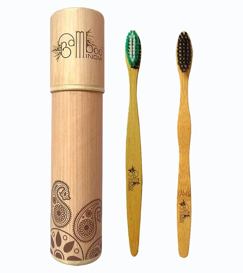 Bamboo India + tools + Bamboo Toothbrush With Soft Charcoal & Medium Green Bristles + Pack of 2 + buy