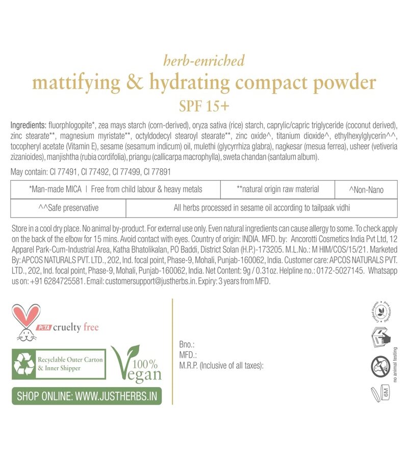 Just Herbs + face + Herb-Enriched Mattifying & Hydrating Compact Powder + Beige + discount