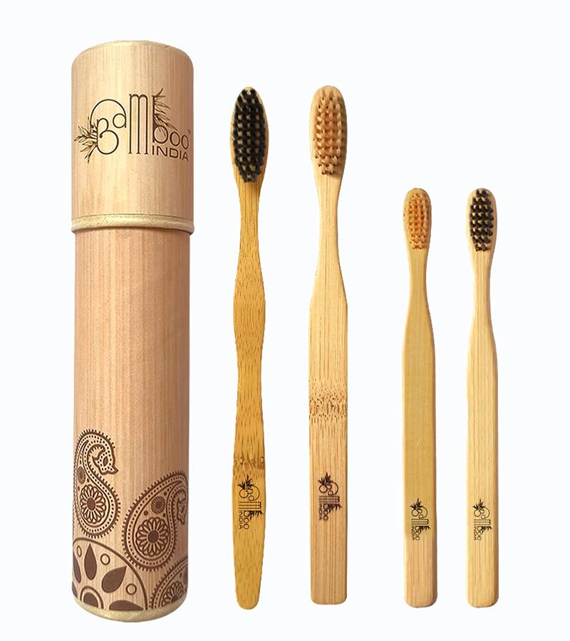 Bamboo India + tools + Bamboo Toothbrush With Soft Charcoal And Soft Natural Bristles + Pack of 4 + buy