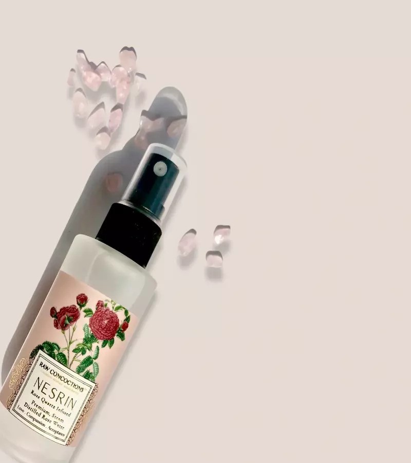 Raw Concoctions + toners + mists + Nesrin Rose Quartz Infused Premium Rose Water + 50ml + shop