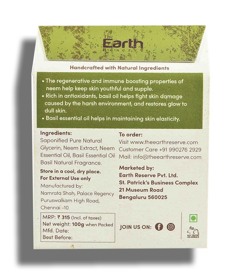 The Earth Reserve + soaps + liquid handwash + Neem Leaves And Basil Blend Natural Glycerin Soap + 100 gm + discount