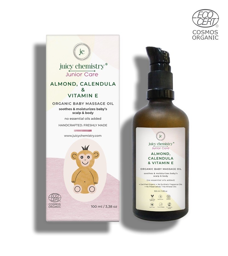 Juicy Chemistry + oils & creams + Organic Almond, Calendula & Vitamin E Baby Massage Oil + 100 ml + shop