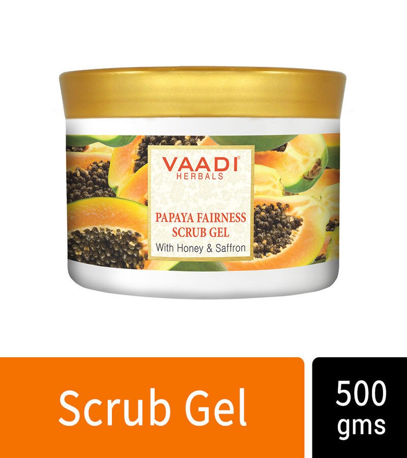 Vaadi Herbals + face wash + scrubs + Papaya Fairness Scrub Gel with Honey & Saffron + 500g + shop