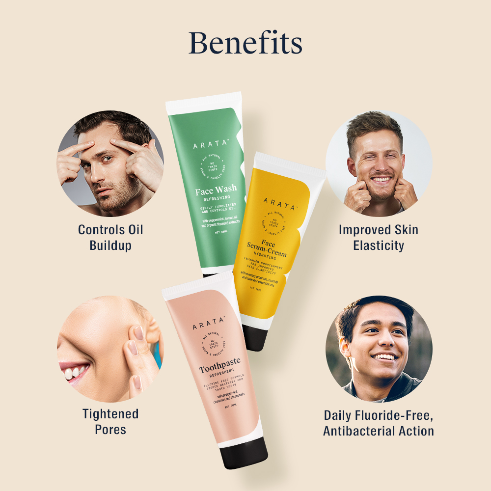 Arata + face serums + face creams + Essential Morning Regime With Facewash, Face Serum-Cream & Toothpaste for Men & Women + 150 ml + discount