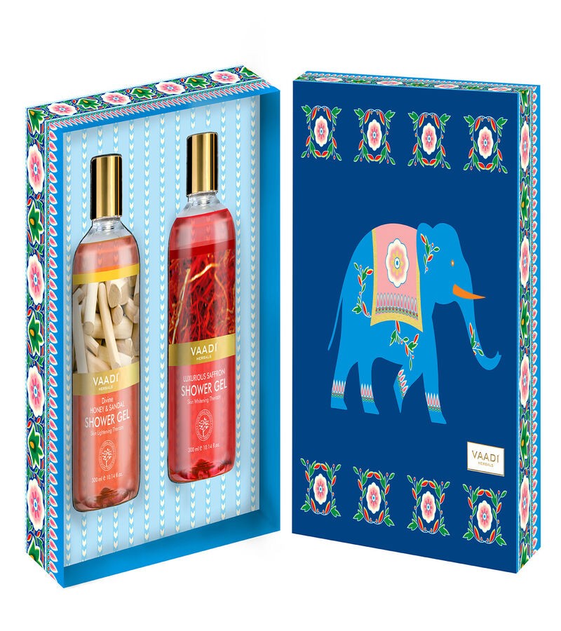 Vaadi Herbals + Gift Sets + Royal India Shower Gels Gift Box - Luxurious Saffron  & Divine Honey & Sandal + Pack of 2 + shop