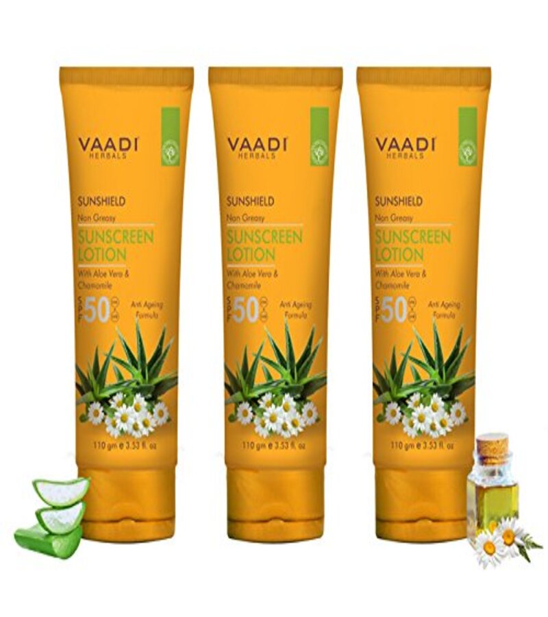 Vaadi Herbals + sun care + Sunscreen Lotion SPF-50 with Aloe Vera & Chamomile + Pack of 3 + buy