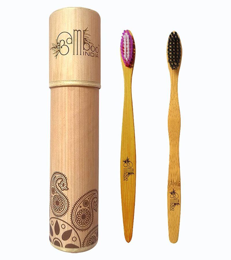 Bamboo India + tools + Bamboo Toothbrush with Soft Charcoal & Medium Purple Bristles + Pack of 2 + buy
