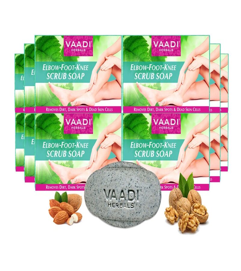 Vaadi Herbals + soaps + liquid handwash + Elbow-Foot-Knee Scrub Soap with Almond & Walnut Scrub + Pack of 12 + buy