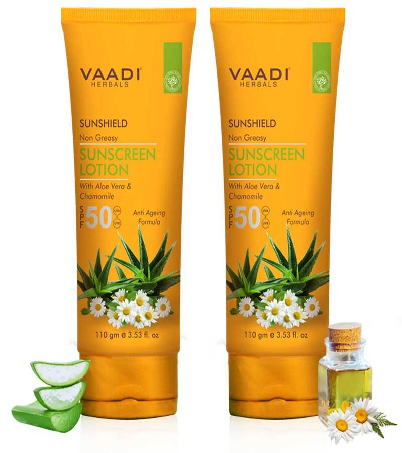 Vaadi Herbals + sun care + Sunscreen Lotion SPF-50 with Aloe Vera & Chamomile + Pack Of 2 + buy