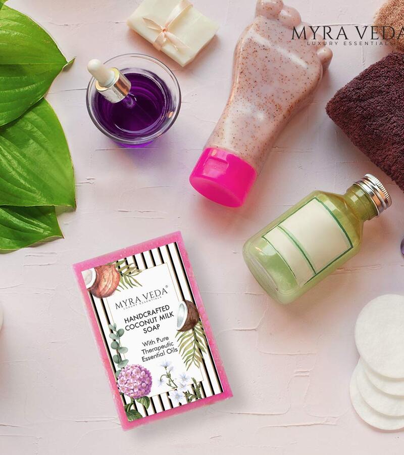 Myra Veda Luxury Essentials + soaps + liquid handwash + Handcrafted Coconut Milk Soap + 100gm + online