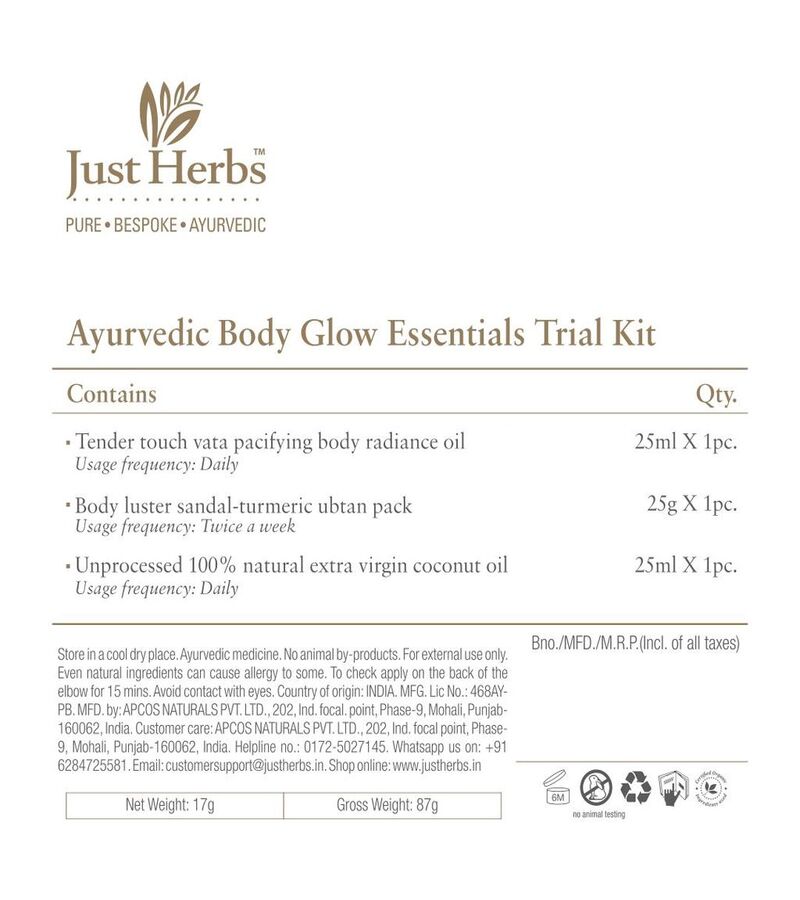 Just Herbs + body oils + Ayurvedic Body-Glow Essentials Trial Kit + 75 ml + discount