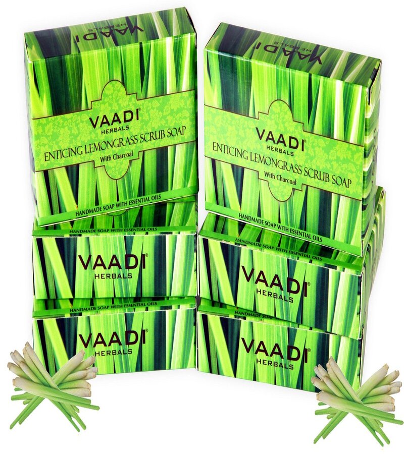 Vaadi Herbals + soaps + liquid handwash + Enticing Lemongrass Scrub Soap + Pack Of 6 + buy