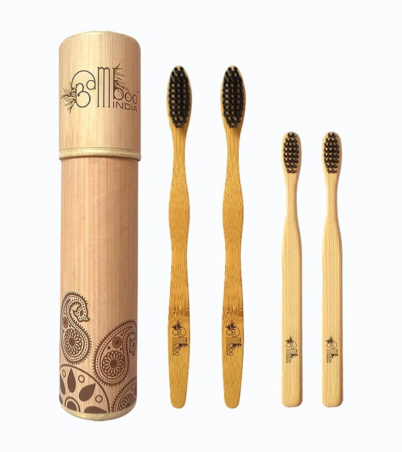 Bamboo India + tools + Bamboo Toothbrush With  Soft Charcoal Bristles Toothbrush For Both Adults And Kids + Pack of 4 + buy