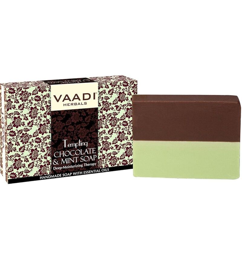 Vaadi Herbals + soaps + liquid handwash + Tempting Chocolate & Mint Soap - Deep Moisturizing Therapy + Pack of 12 + shop