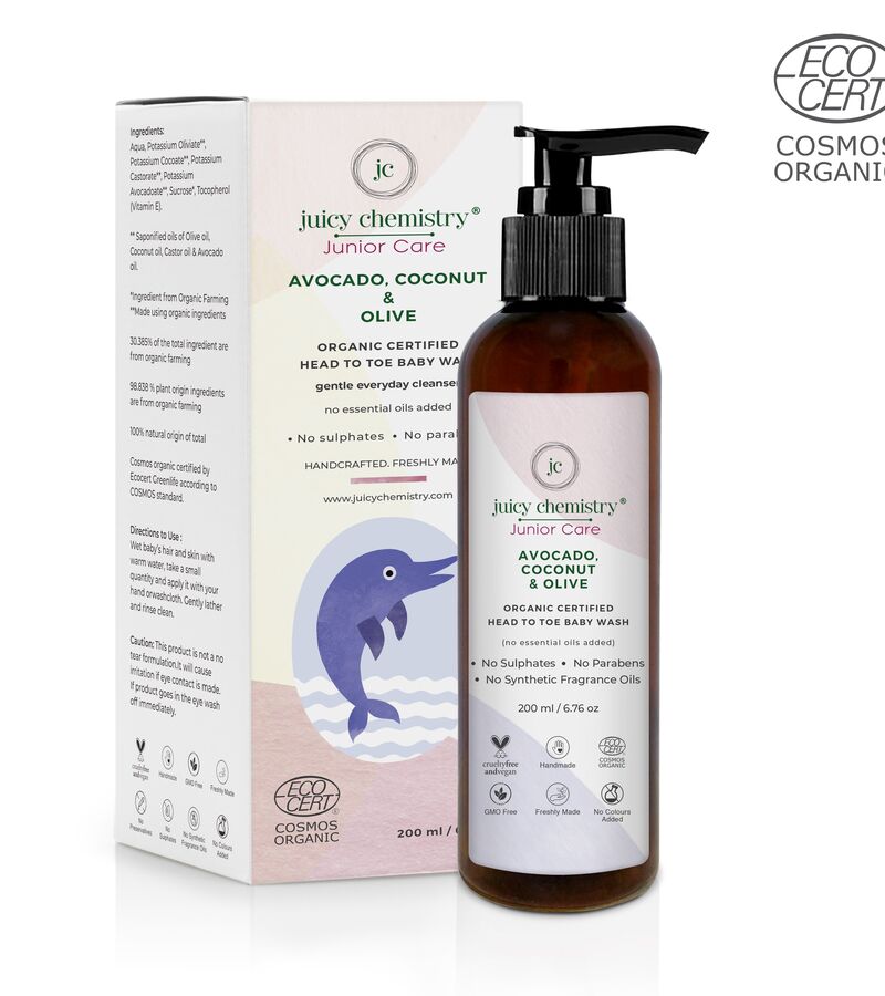Juicy Chemistry + baby bath & shampoo + Organic Avocado, Coconut & Olive Head To Toe Baby Shampoo + 200 ml + buy