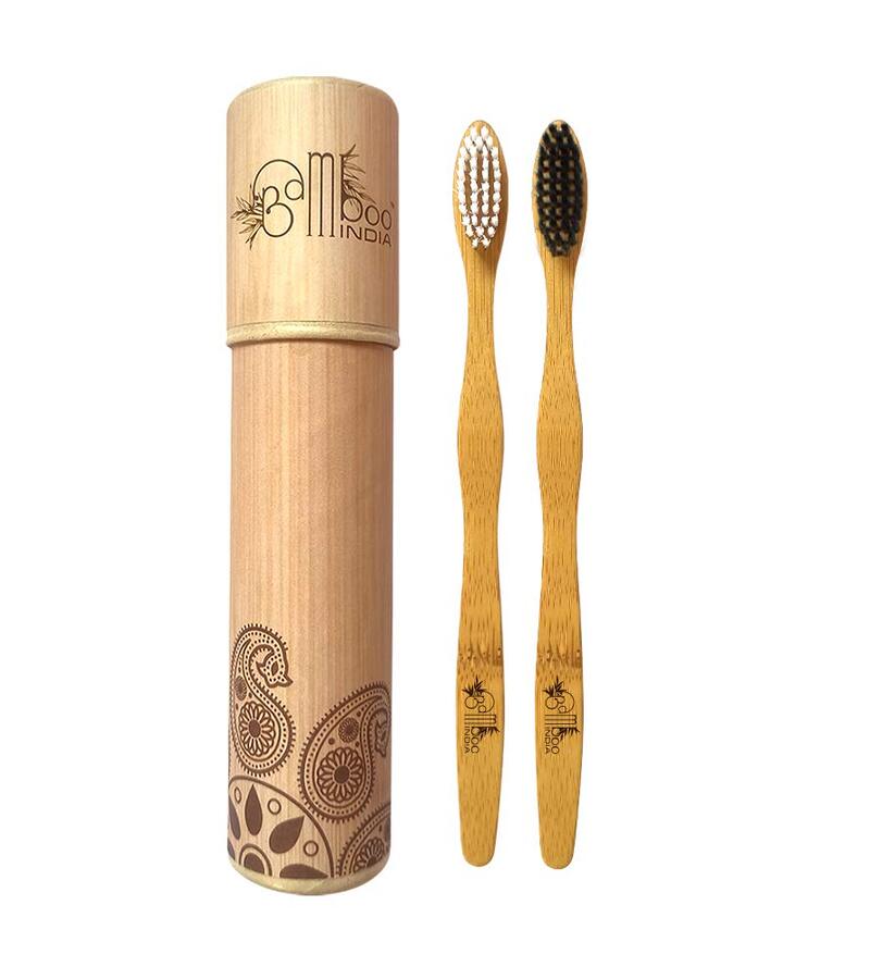 Bamboo India + tools + Bamboo Toothbrush With Soft Charcoal & Medium White Bristles + Pack of 2 + buy