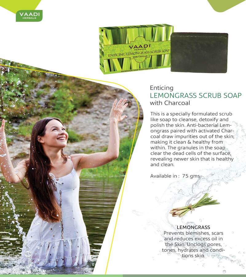 Vaadi Herbals + soaps + liquid handwash + Enticing Lemongrass Scrub Soap + Pack of 12 + online