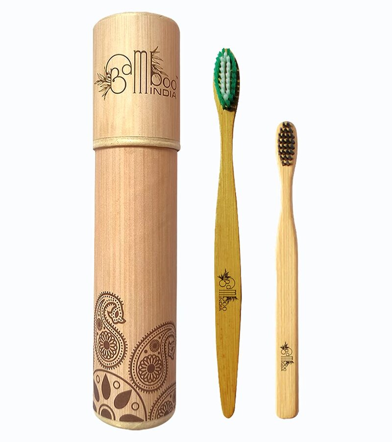 Bamboo India + tools + Bamboo Toothbrush with Medium Green Bristles for Adults & Soft Charcoal Bristles Kids + Pack of 2 + buy